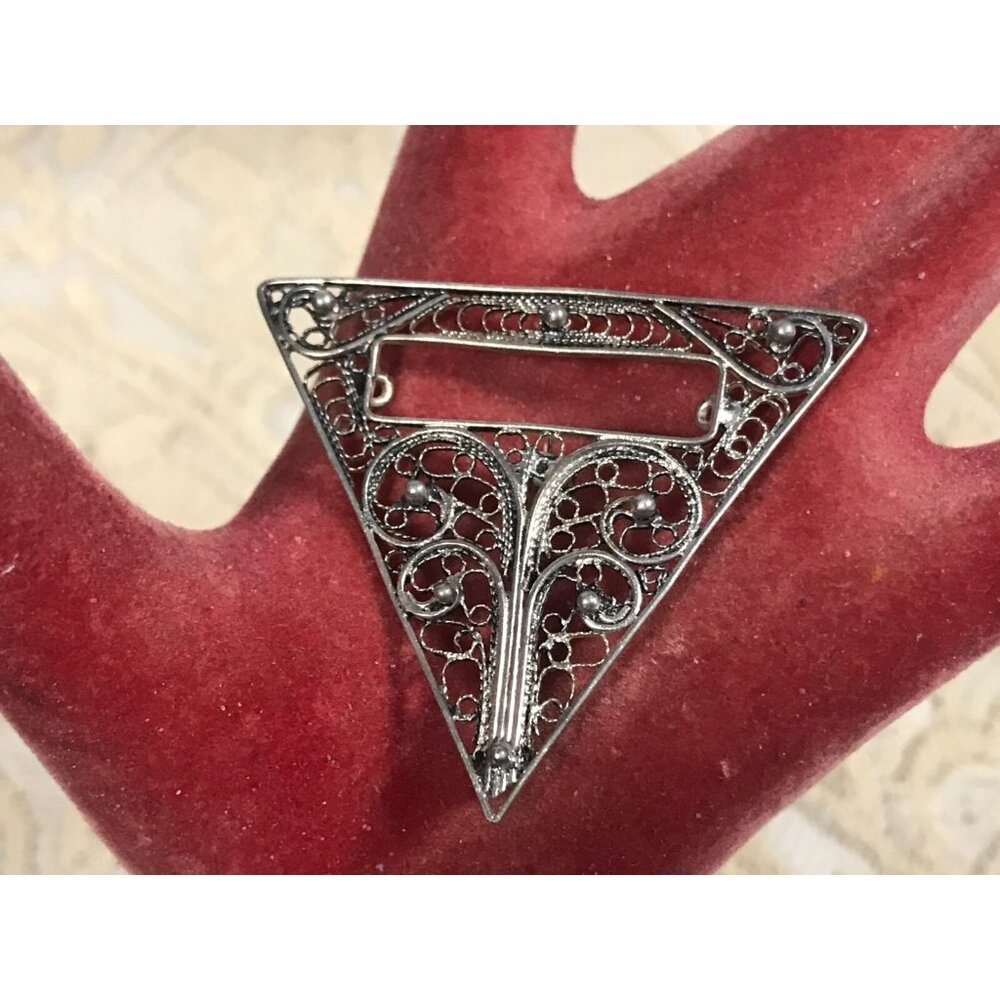 1950s Silver Filigree Art Deco Brooch Pin-Vintage Silver Tone
